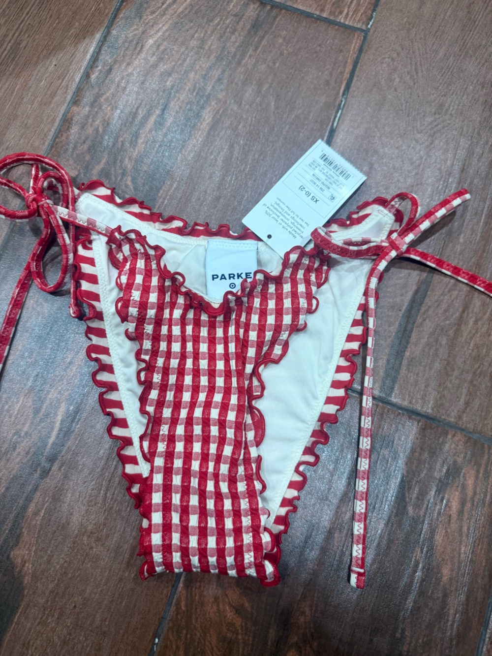 Parke Red and White Gingham Ruffle Tie-Side Bikini Bottom size XS NWT
